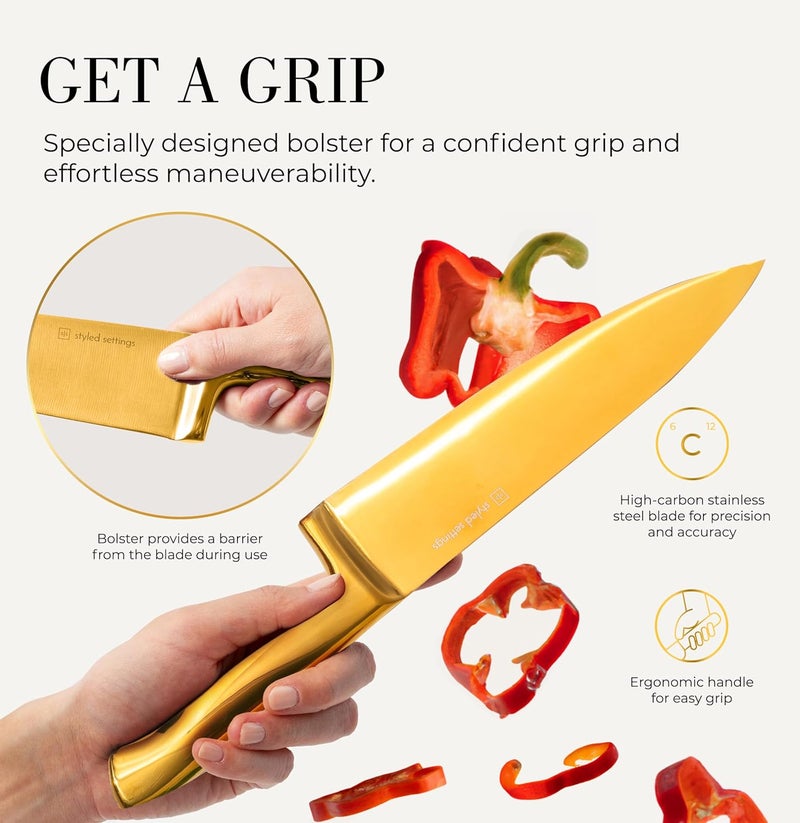 styled settings Gold Knife Set for Kitchen with Block and Sharpener – 14-Piece Razor Sharp Titanium Gold Knives with Ashwood Block and Built-In Sharpener – Stylish Kitchen Accessories for Cooking and Prep - Image 4